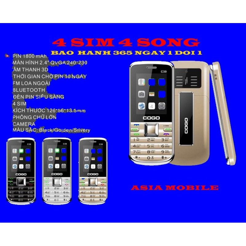 điện thọai Cogo, 4 sim 4 sóng, âm thanh lớn, chữ to.