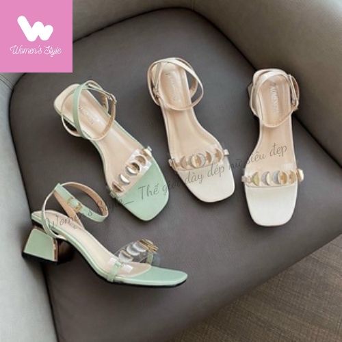 Sandal nữ gót vuông đính đồng, Giày cao gót đế vuông 3 cm đính đồng xu sang chảnh, Dép cao gót nữ giá rẻ full size 35-39