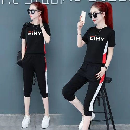 95 cotton plus size quần tây ngắn tay cắt xén phù hợp với phụ nữ mùa hè 2021 phong cách Hàn Quốc mới bộ đồ hai mả