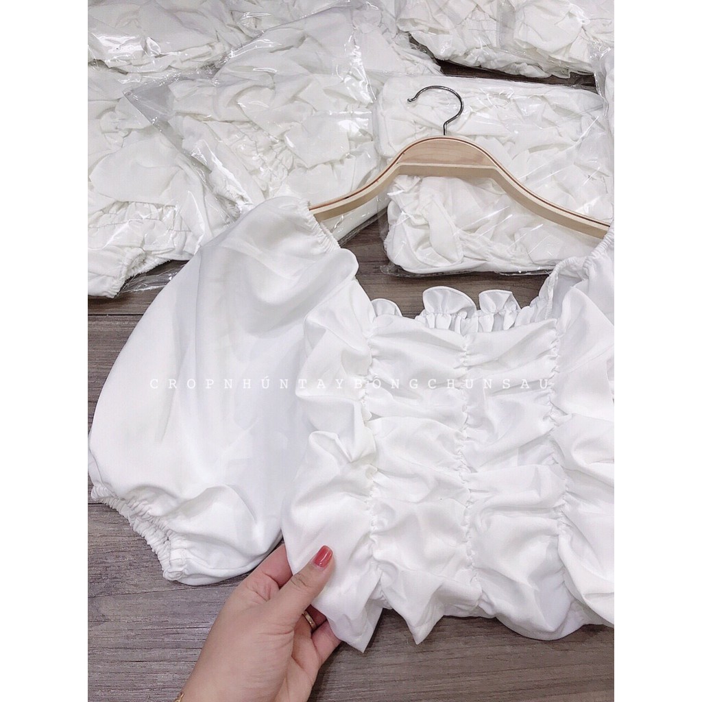 ÁO KIỂU CROPTOP CHUN NGỰC TAY PHÔNG ULZZANG MẶC 2 KIỂU MÀU TRẮNG ULZZANG