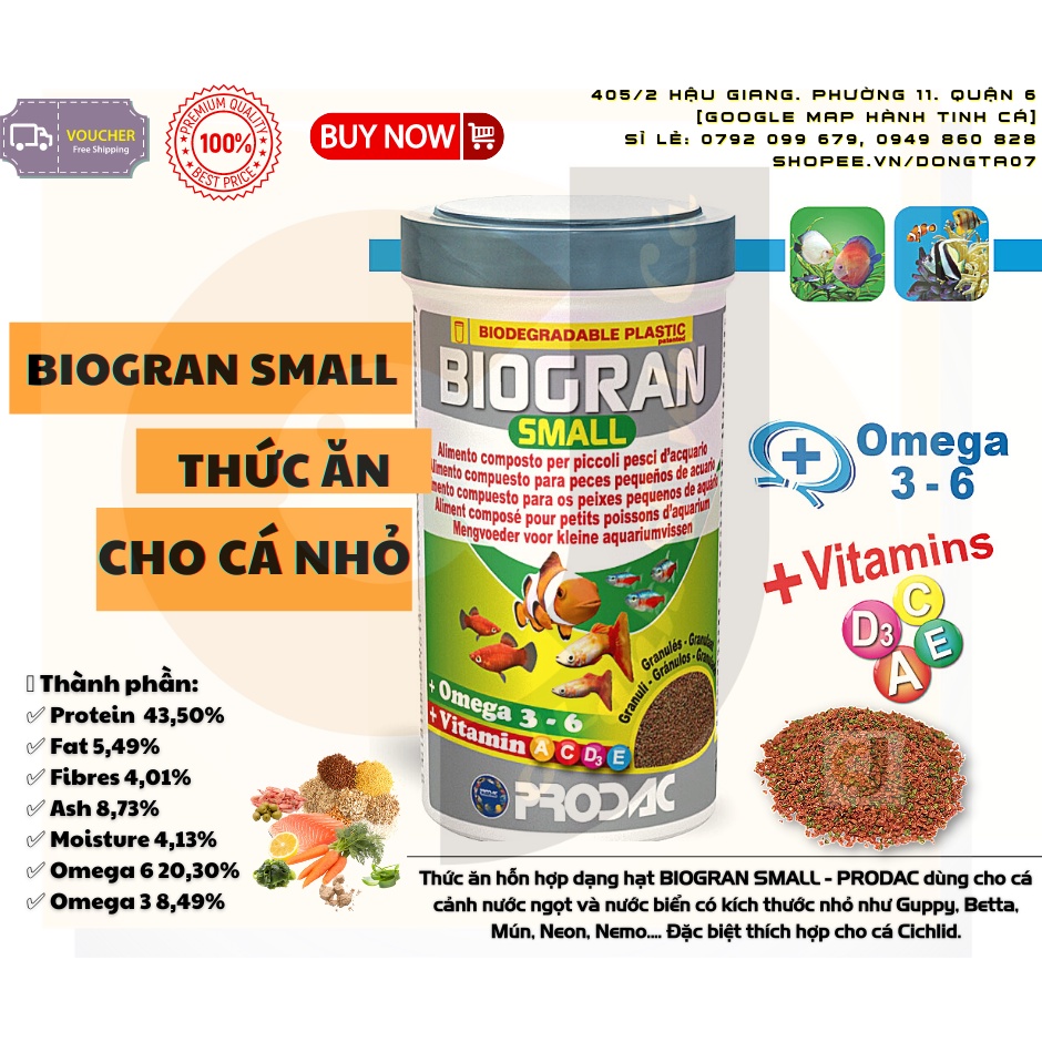 [Hũ 100ml/45gram] PRODAC Biogran Small Thức ăn Dạng Hạt Cho Cá Nhỏ Thủy Sinh