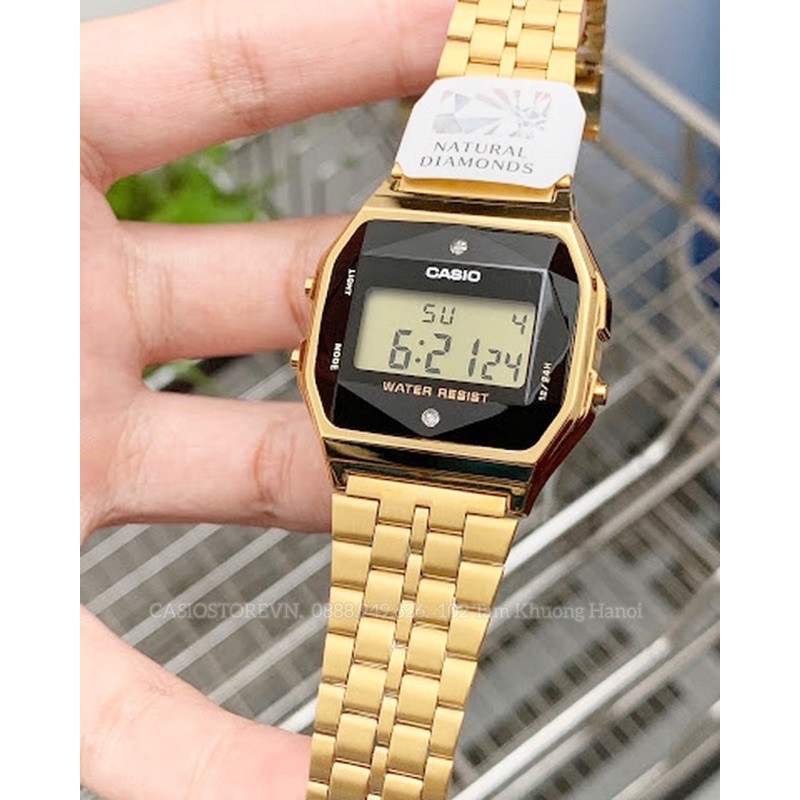 Đongf hồ CASIO A159 Unisex mặt kim cương gold A159WGED-1