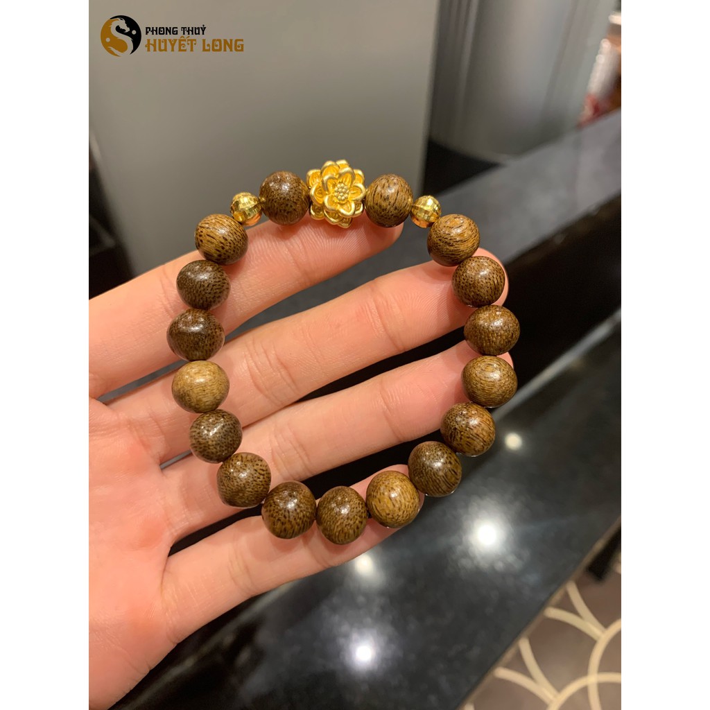 Vòng Tay Trầm Tốc Mix Hoa Sen Bi Vàng, Vòng Trầm Hương Phong Thủy