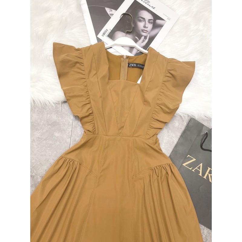 [Mã SKAMA06 giảm 8% tối đa 50K đơn 250K] VNU324 - VÁY NÂU XOÈ CỔ VUÔNG TAY CÁNH TIÊN | BigBuy360 - bigbuy360.vn