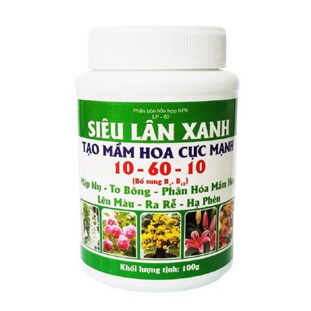 Phân bón hỗn hợp NPK siêu lân xanh 10 60 10, tạo mầm hoa cực mạnh, lọ 100gam