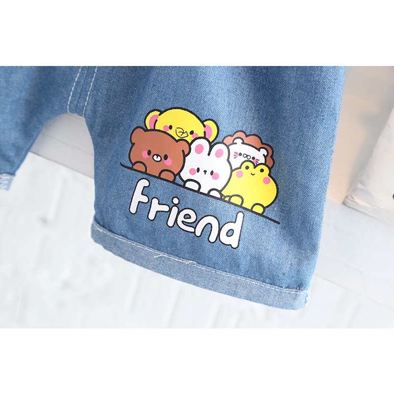 Bộ Trang Phục 2 Mảnh Gồm Áo Thun Tay Ngắn In Họa Tiết Hoạt Hình + Quần short denim Cho Bé Trai