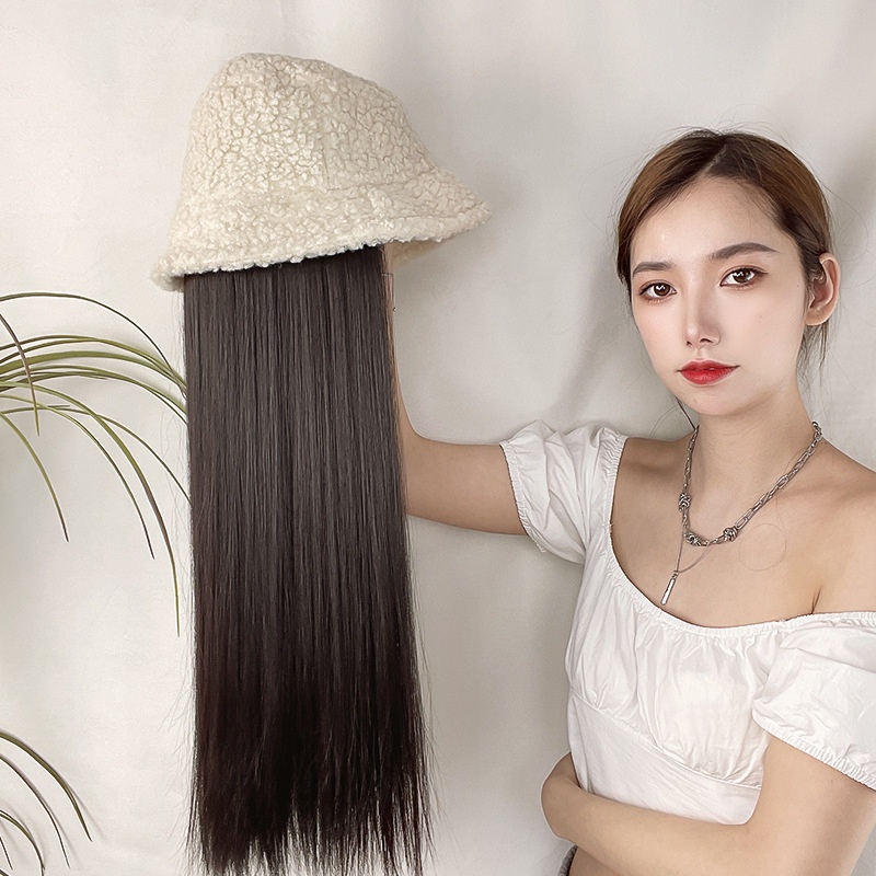 Tóc giả nữ kèm mũ tai bèo vải len, tóc giả nguyên đầu thẳng dài kết hợp nón lông cừu