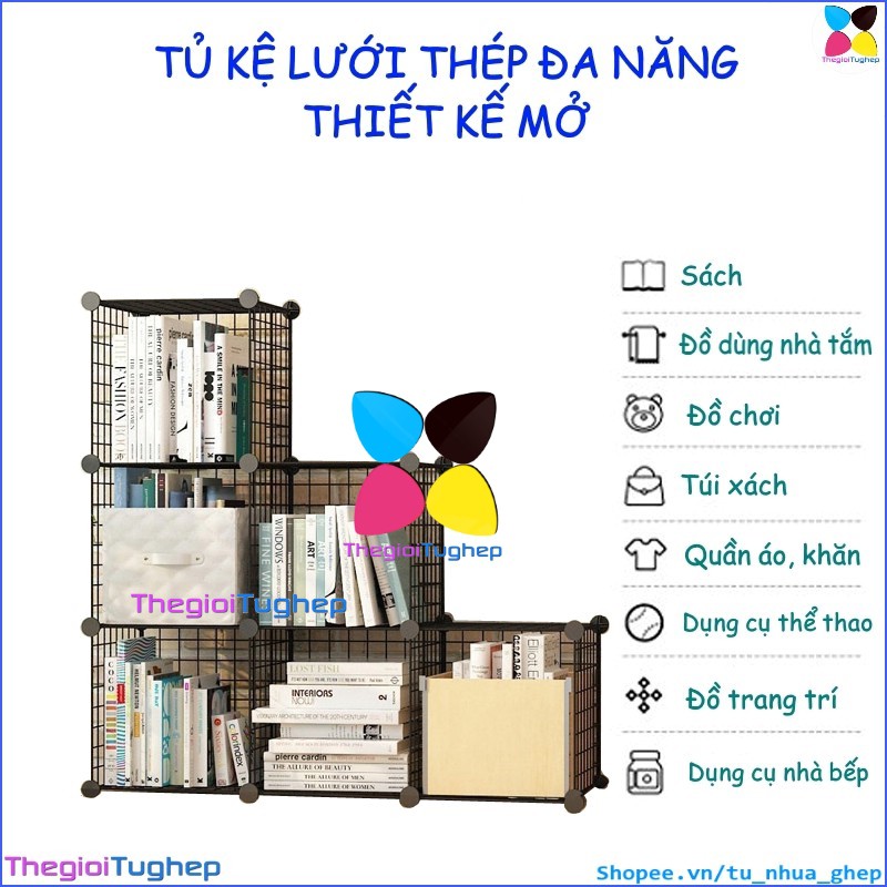 Tủ lưới sắt lắp ghép đa năng hiện đại để sách, đồ dùng trang trí phòng làm việc 6 ô lắp hình bậc thang