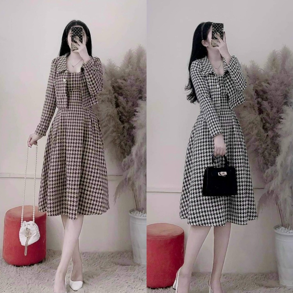 ♦Sét đầm caro nữ 2 dây from dài dáng xòe sang chảnh kèm áo khoác ngoài tay cổ bẻ phối nút xịn xò cho nàng công sở