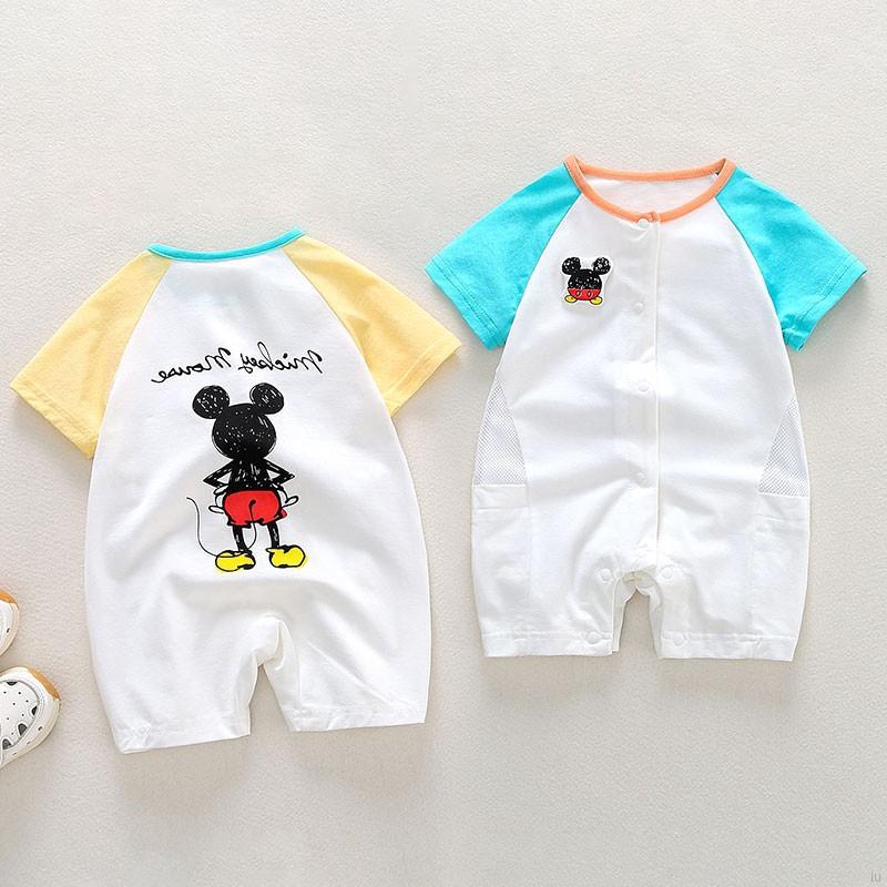 Bộ Áo Liền Quần Ngắn Tay In Hình Chuột Mickey Đáng Yêu Cho Bé