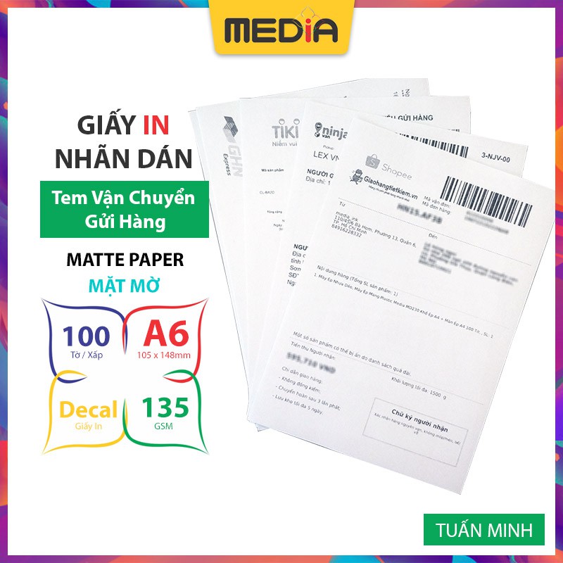 Giấy Nhãn Dán Decal Media A6 100 Tờ In Tem Vận Chuyển In Phiếu Gửi Hàng Dùng Cho Máy In Laser