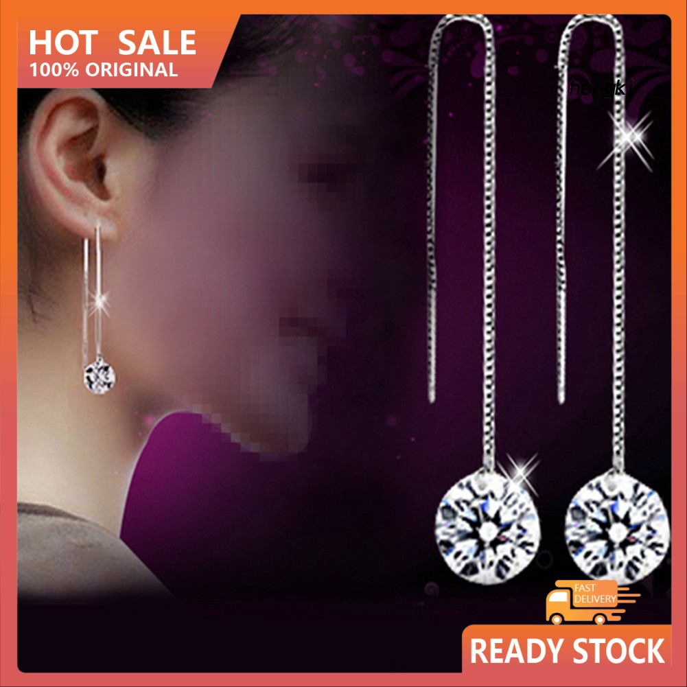 Bông tai nữ dáng dài mạ bạc đính đá zircon thời trang