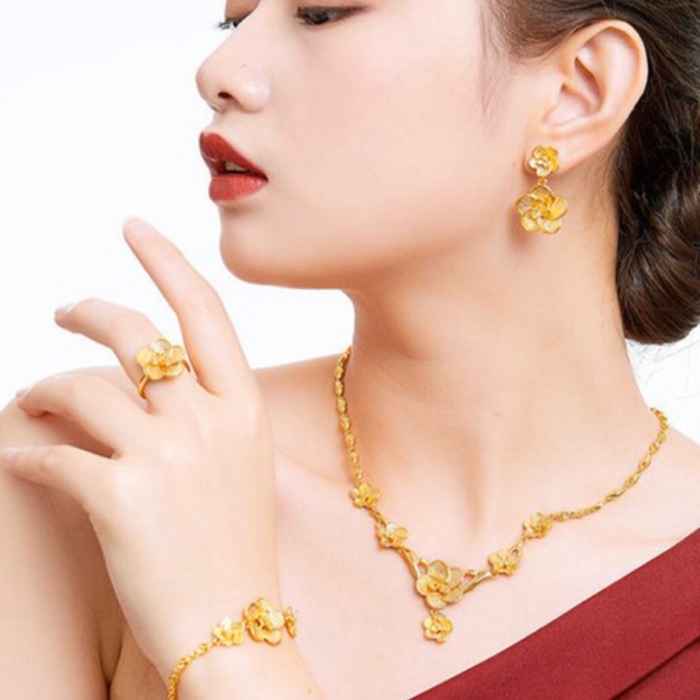 Set bộ trang sức cưới kiểu hoa mai màu vàng 24 cao cấp