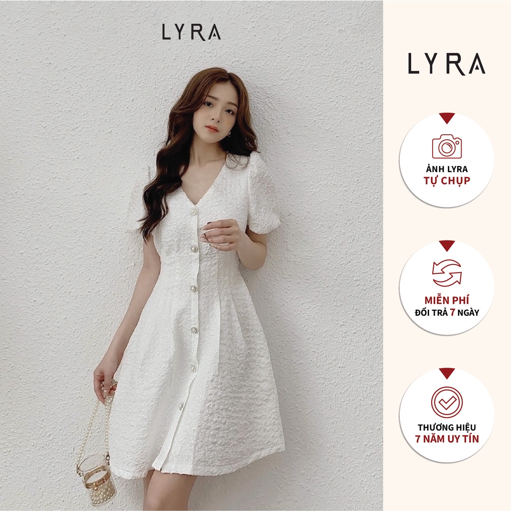 Đầm xốp cổ V dáng xòe cutout lưng LYRA design, chất xôp nhún cao cấp tiểu thư-LWTVD425
