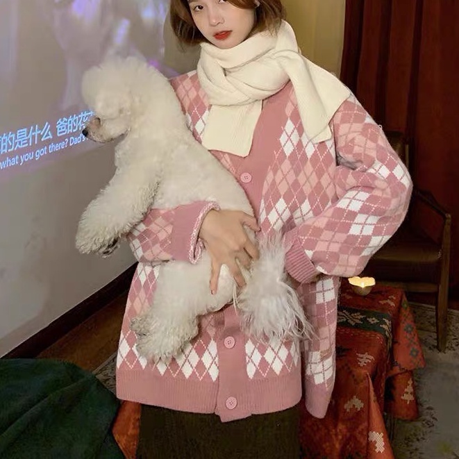 Áo khoác len dáng dài rộng nữ - Áo cardigan nữ  họa tiết kẻ caro dài tay dày dặn trẻ trung phong cách Hàn Quốc