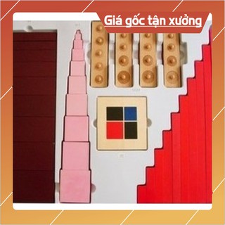 Đồ chơi gỗ - thang nâu - tháp hồng - hộp nhị thức - núm trụ - gậy đỏ