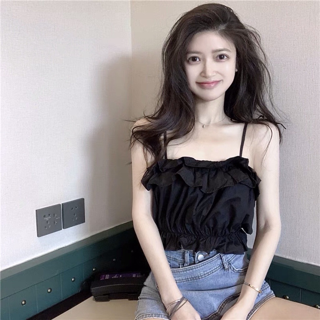 Áo Hai Dây Croptop Suông Tầng Bánh Bèo Vai Buộc Nơ - Áo 2 Dây Nữ Chun Eo Dúm Ngực Ulzzang