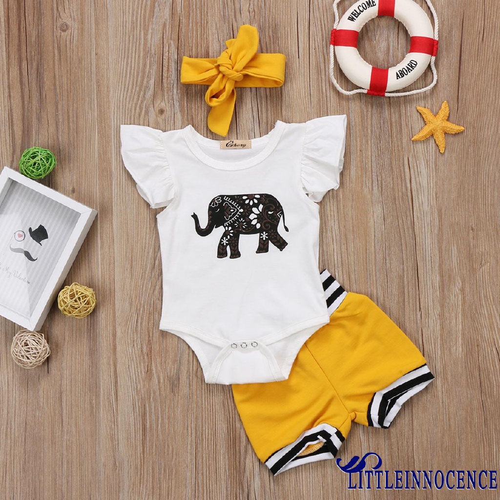 ❤XZQ-Baby Girl Elephant Romper+Shorts+Headband Outfit Set