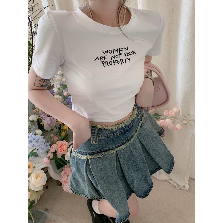 QKOOLE  Áo Thun Croptop Tay Ngắn Màu Trắng Phong Cách Hàn Quốc Cho Nữ