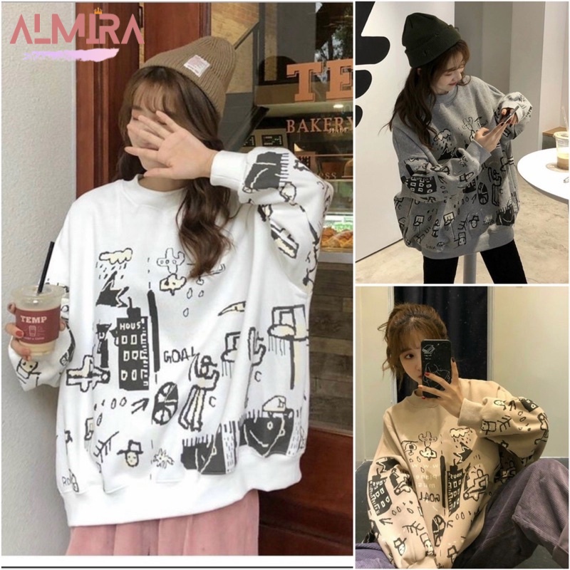 Áo Sweater In Quả Cam Form Rộng Tay Phồng Unisex