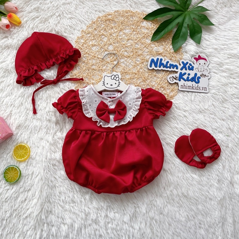 Body Đỏ Đô Tay Ngắn NHÍM XÙ KIDS Cho Bé Gái Sơ Sinh, Đầy Tháng, Thôi Nôi Chất Lụa Ướt Phối Ren Mềm Mướt - B021
