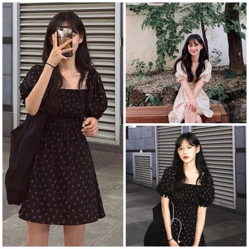 Đầm hoa ulzzang , Váy hoa trễ vai chun ngực hai màu đen, be | WebRaoVat - webraovat.net.vn