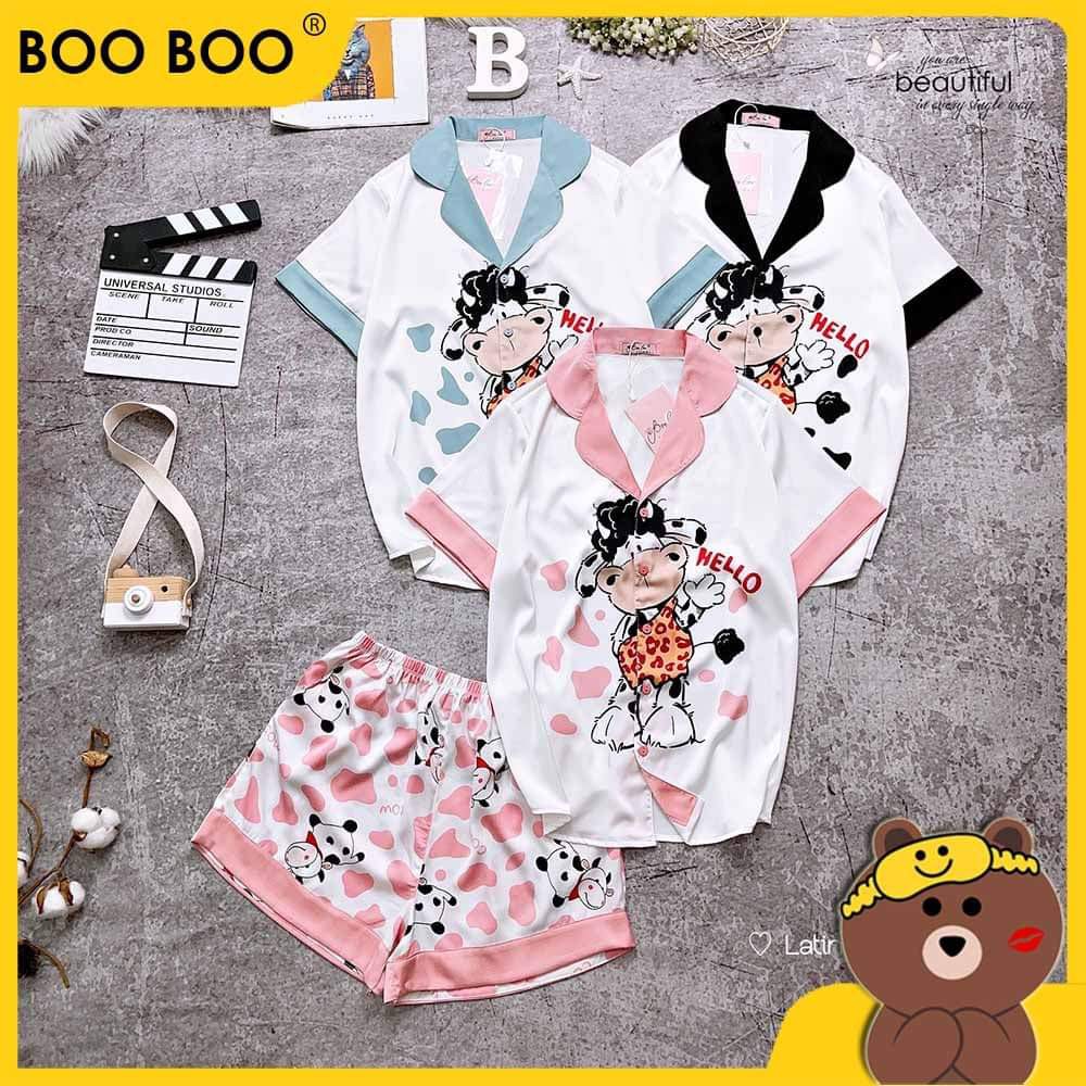 Đồ Bộ Phi Lụa Bò Sữa Dễ Thương Thoáng Mát, Pijama Lụa Cao Cấp
