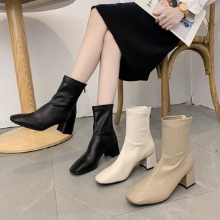 Giày boots cổ thấp mũi vuông, cổ may chỉ, 5p