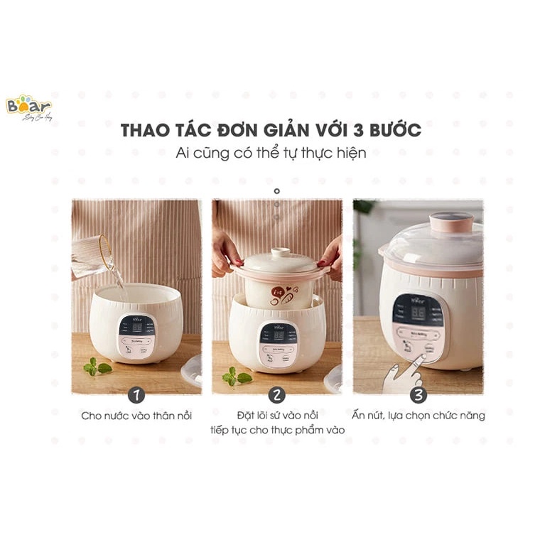 [BH 18 THÁNG] NỒI CHÁO CHẬM BEAR 0.8L BẢN QUỐC TẾ CÓ LỒNG HẤP