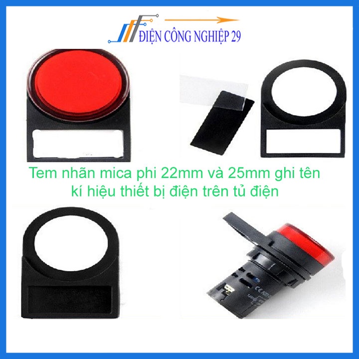 Tem nhãn mica phi 22mm và 25mm ghi tên, kí hiệu thiết bị điện trên tủ điện giúp nhận diện dễ dàng hơn