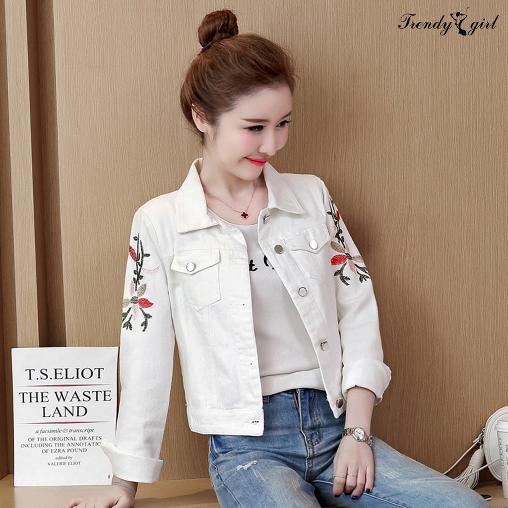 Áo Khoác Jean Nữ Tay Dài Thêu Hoa
