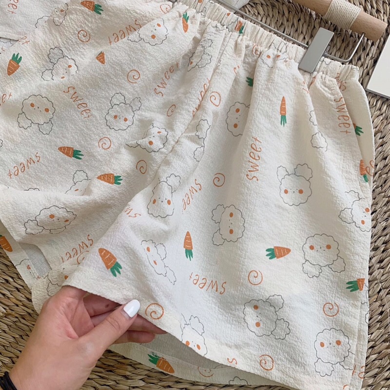 Bộ ngủ đũi xốp nhiều hình cute kèm chun buộc tóc Pea Store -Pyjama đũi xốp nhiều hình kèm chun (Ảnh thật/Sẵn)