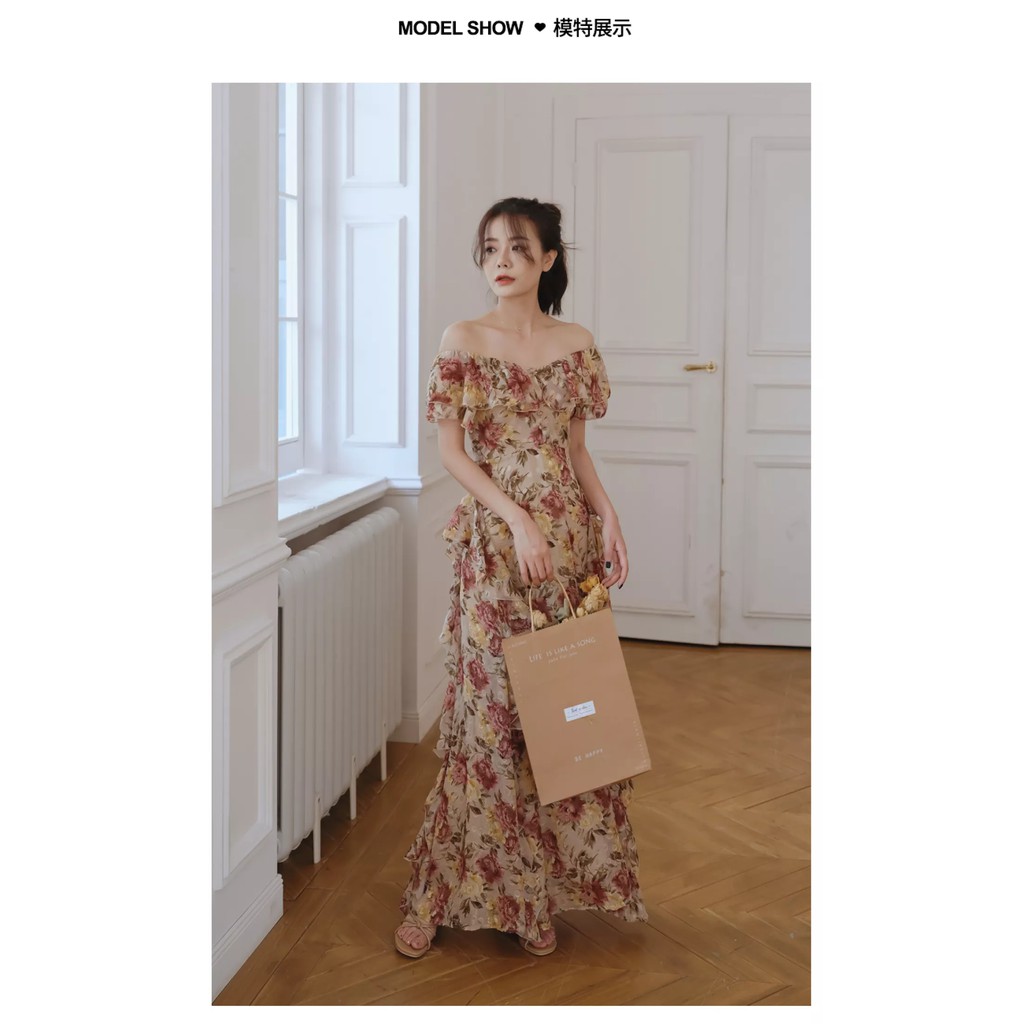 L-lickey quần áo thời trang mùa hè mới của phụ nữ Hàn Quốc cao cấp váy dài cổ điển Pháp gợi cảm thanh lịch