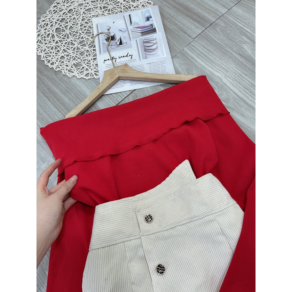 Set áo trễ vai vai len tăm mix chân váy vạt lệch chữ a đồ bộ nữ đi chơi | BigBuy360 - bigbuy360.vn