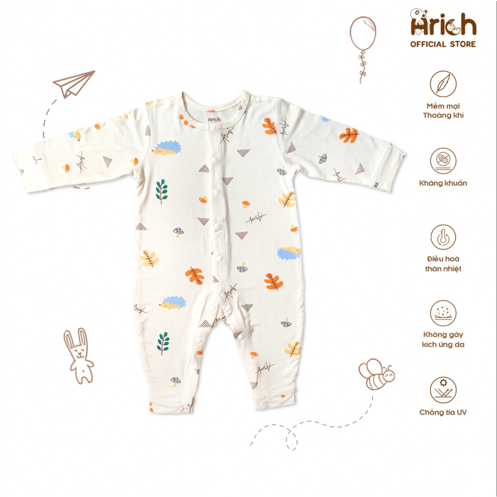 Bộ body dài tay họa tiết Arich vải sợi tre (size từ newborn đến 18 tháng)