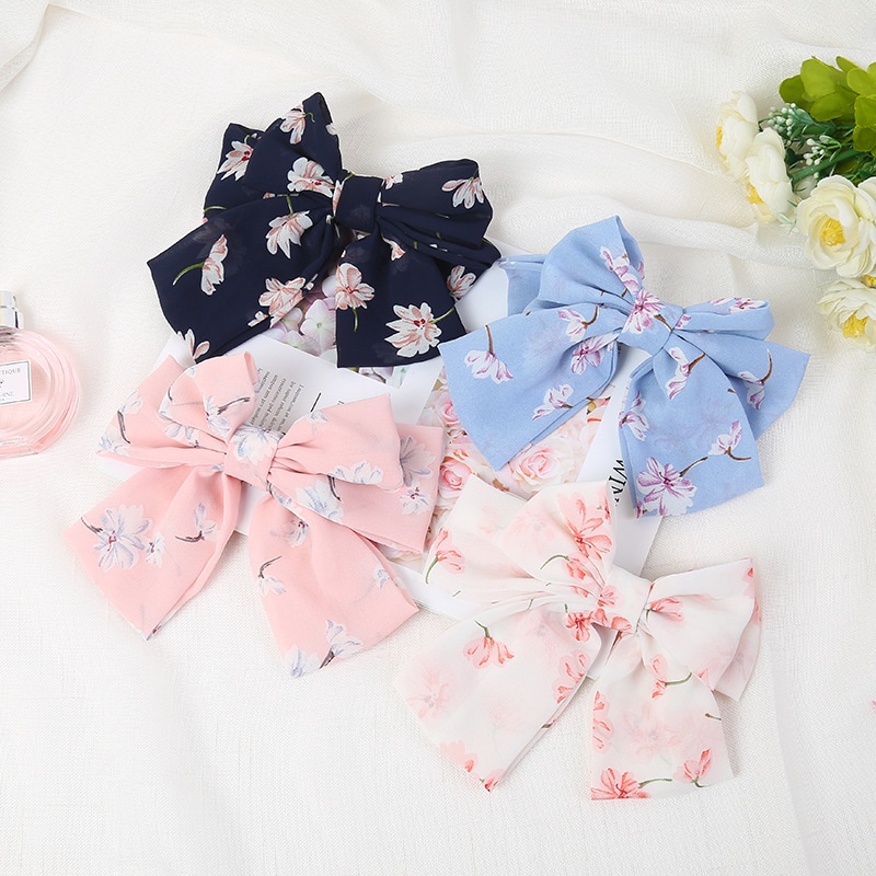 Kẹp tóc nơ lớn in họa tiết phong cách Hàn Quốc thời trang