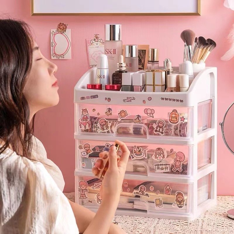 Kệ Nhựa Đựng Đồ 3 - 4 Tầng Có Ngăn Kéo Để Bàn/ Hộp Đựng Mỹ Phẩm, Đồ Trang Điểm, Bút Viết, Sổ Tay,...
