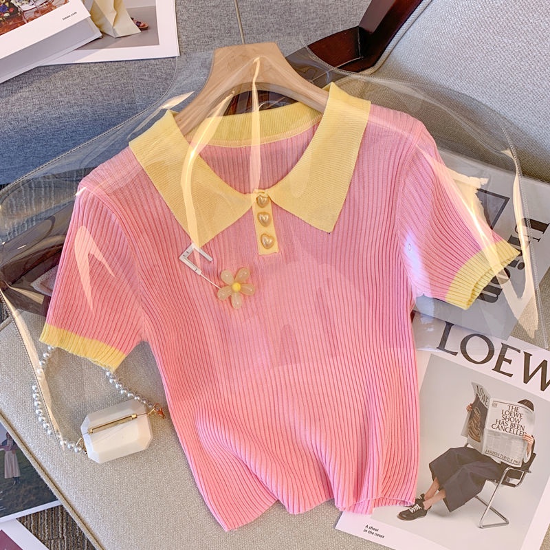 Áo polo Dệt Kim Tay Ngắn Màu Xanh Lá Thời Trang Mùa Hè Cho Nữ