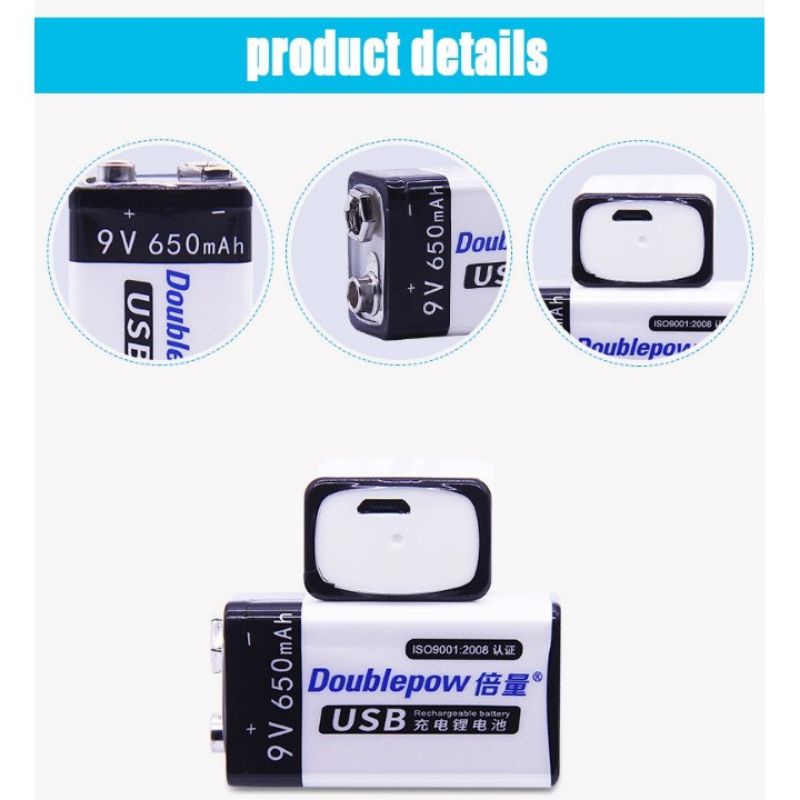 Pin vuông sạc 9V Dowblepow cao cấp, dung lượng 650mAh, khe sạc USB trực tiếp trên pin.