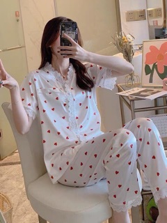 pijama lụa satin cổ V phi bóng chấm bi trái tim sang chảnh