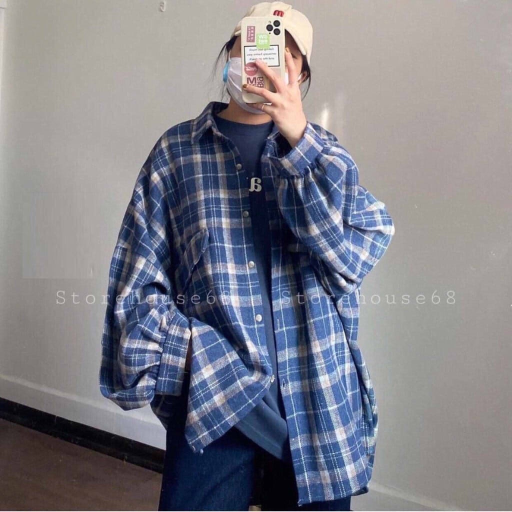 A026 Áo sơ mi kẻ caro tay bồng oversize nam nữ Áo chống nắng khoác ngoài đen trắng unisex dáng rộng hè thu dài tay phồng
