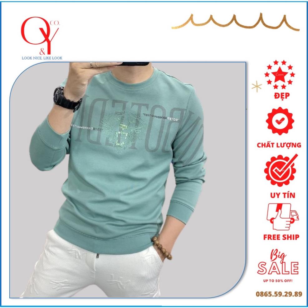 Áo thun nam thu đông dài tay sweater N02 Xanh, áo cổ tròn in nổi chất Poly Thái không bai xù bền đẹp *