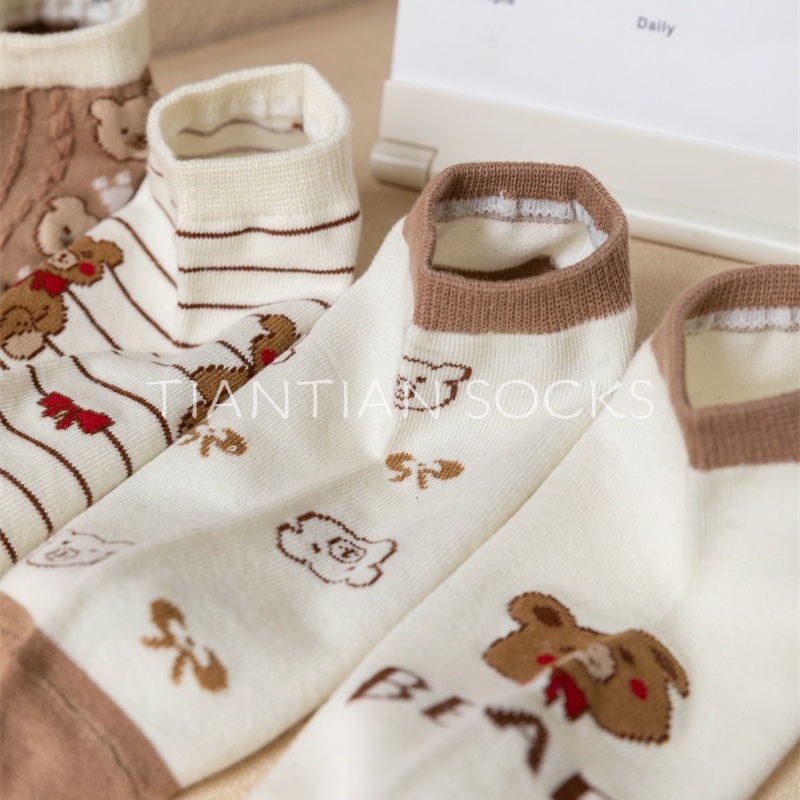 TIANTIAN T205 Tất  nữ cổ ngắn Vớ Cotton Mỏng Nhẹ In Họa Tiết Hoạt Hình Phong Cách Nhật Bản Dễ Thương Thời Trang Xuân Hè