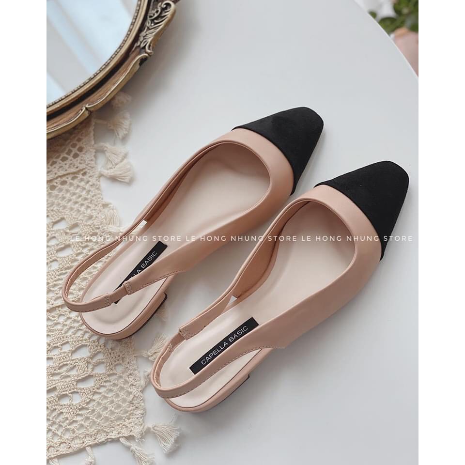 Sandal da mịn đen nude mũi đen chun sau - 2P