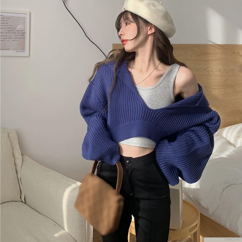 Áo Croptop dệt kim tay dài dáng rộng thoải mái phong cách thời trang