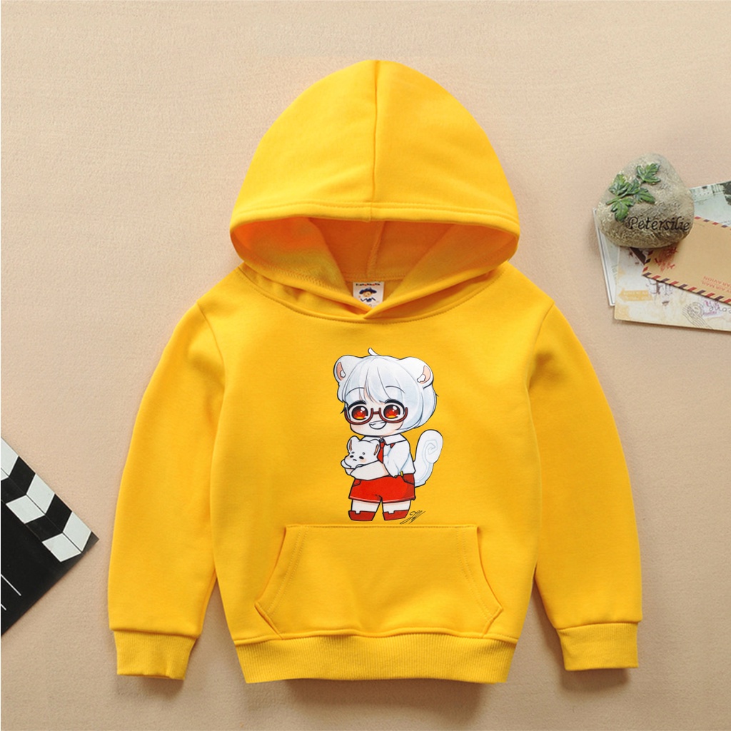 Áo hoodie màu vàng nỉ bông có mũ in hình hero team cho bé trai bé gái