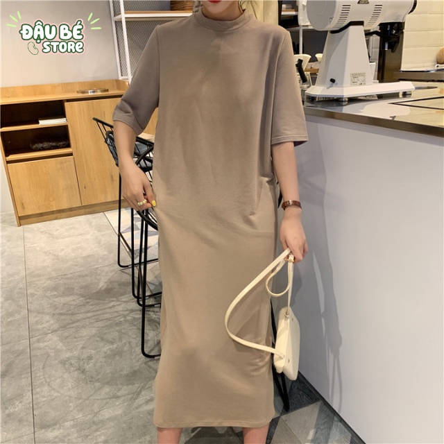 Váy Thun Suông Dáng Dài Màu Trơn Cổ Tròn Ulzzang - Đầm Xuông Nữ Form Rộng Tay Lỡ Thoáng Mát Năng Động - Daube - V002