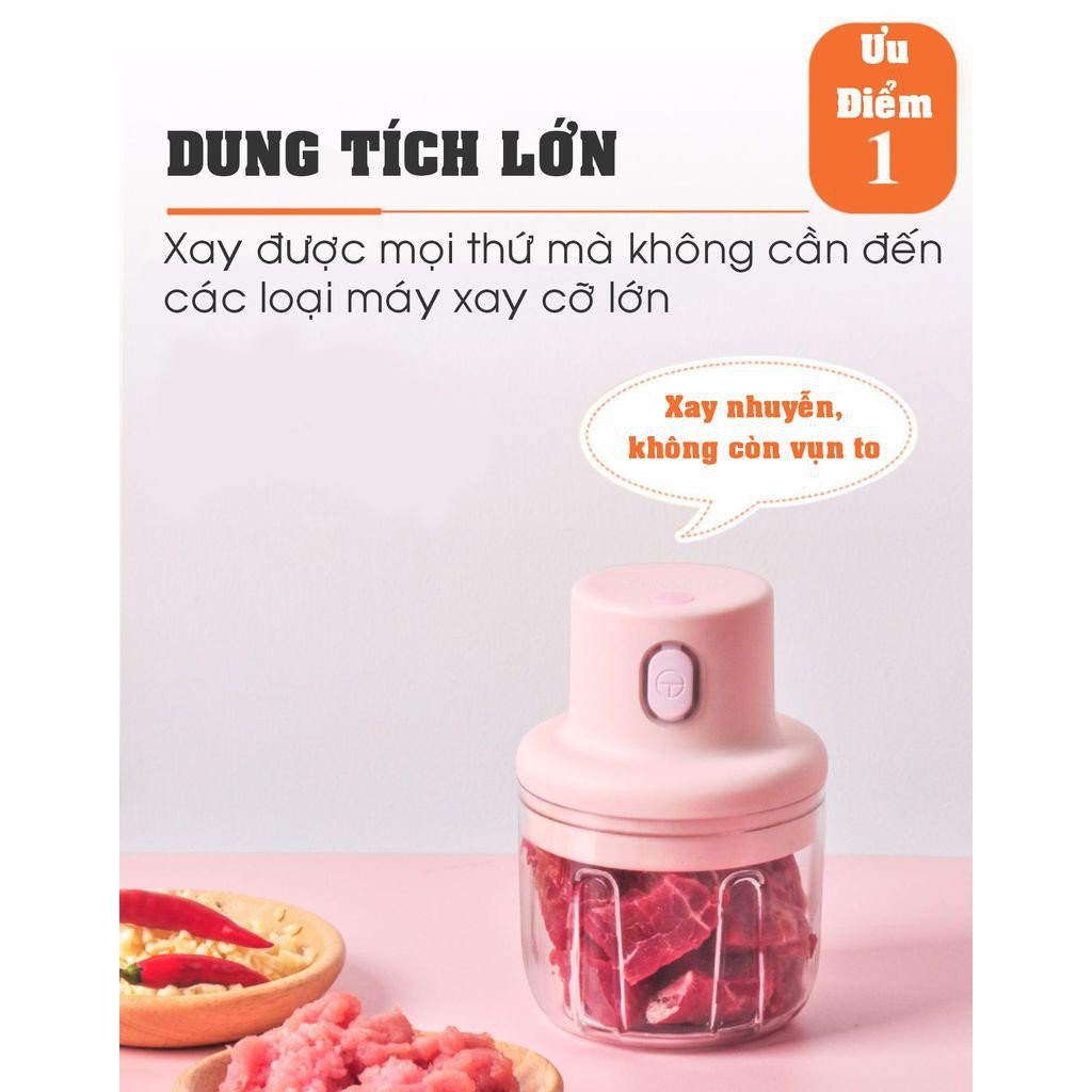 Máy xay mini cầm tay đa năng sạc pin cao cấp xay tỏi ớt, hành, rau củ quả dung tích 250ml