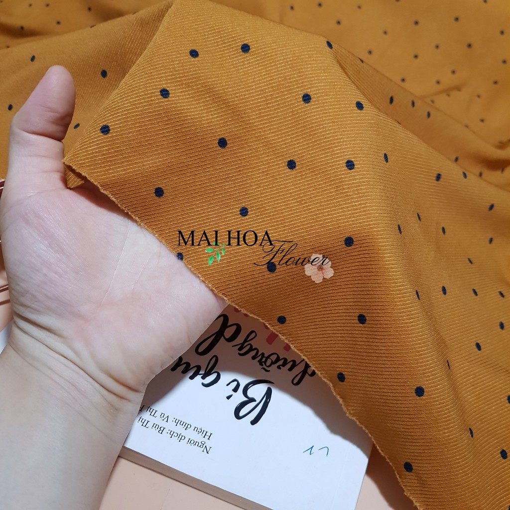 Vải may quần áo, vải may váy vàng chất vải chấm bi chéo mềm mại rủ đẹp có co giãn, Maihoaflower
