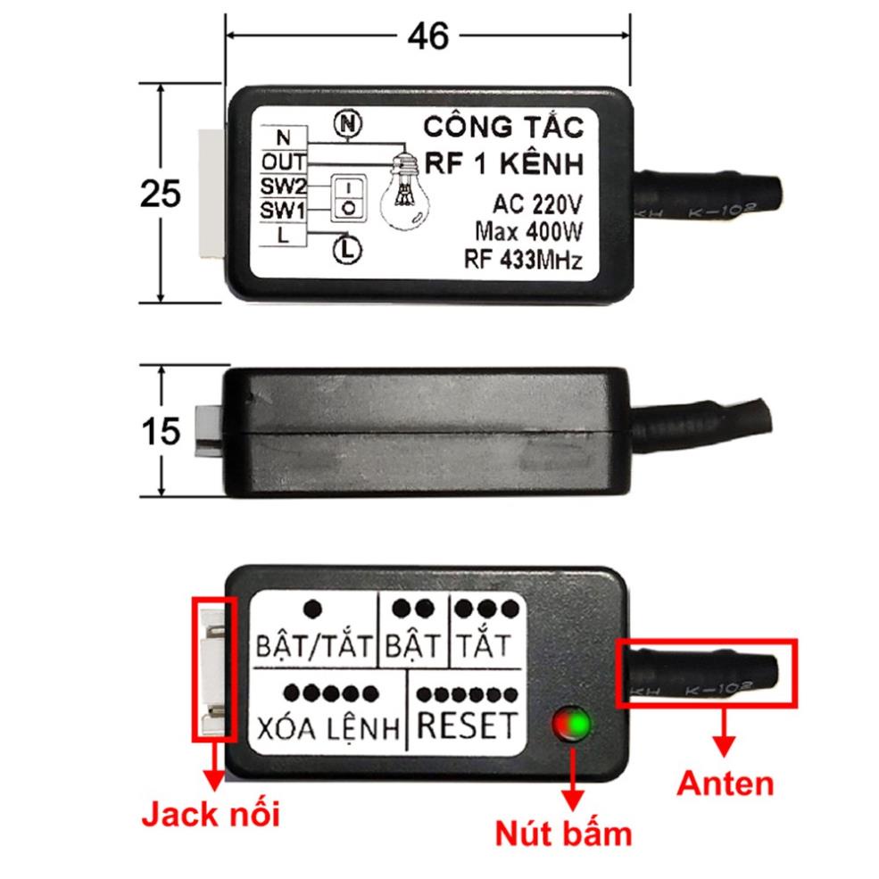 Công tắc Không dây 220V cầu thang, đèn ngủ điều khển từ xa thông minh 1 kênh 220V RF 433MHz  học lện
